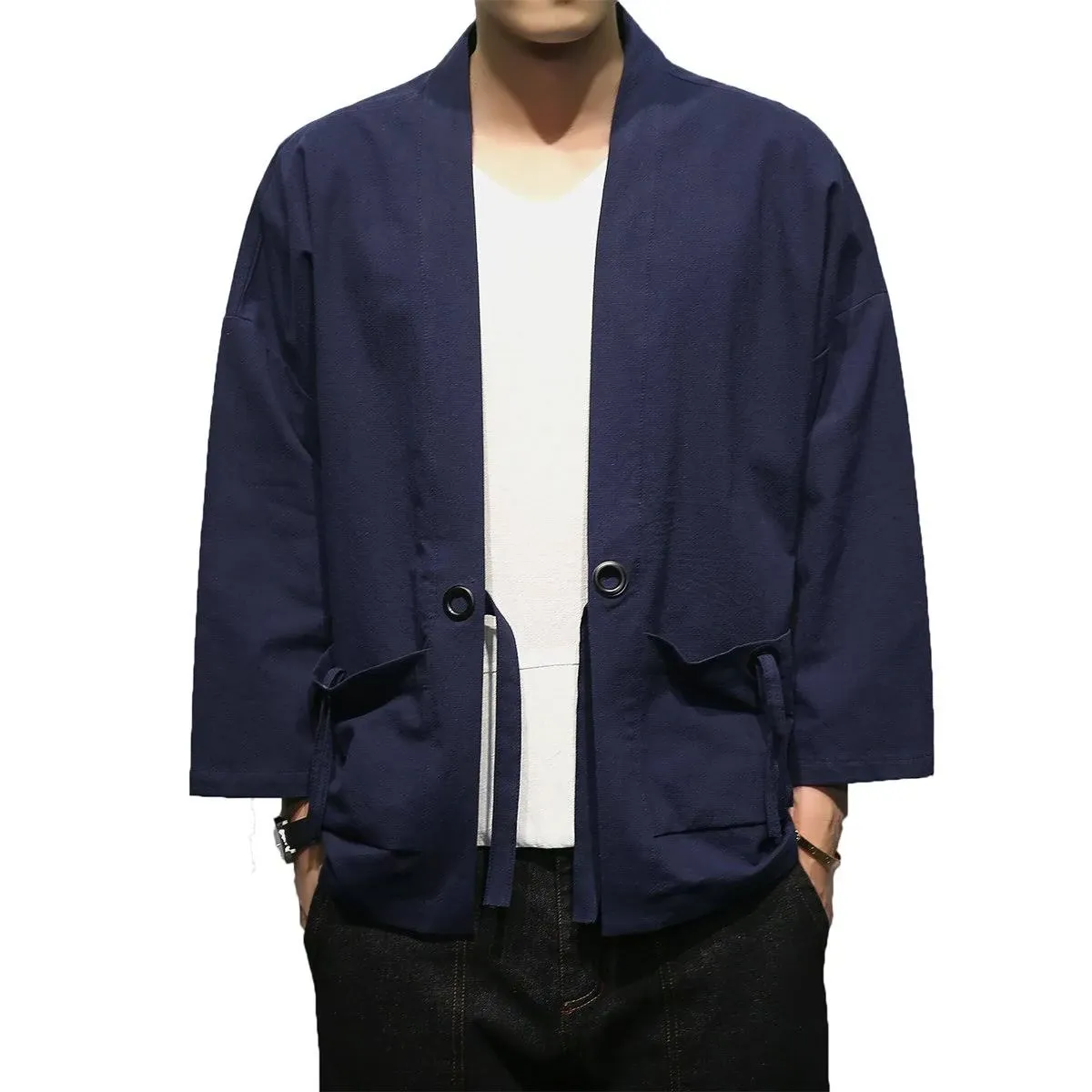 Men&#039;s Cotton Blends Linen Open Front Cardigan Embroidery Kimono Jackets