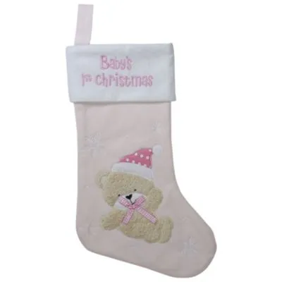 Northlight 19" Pink And White Baby's 1St Christmas Embroidered Teddy Bear Christmas Stocking