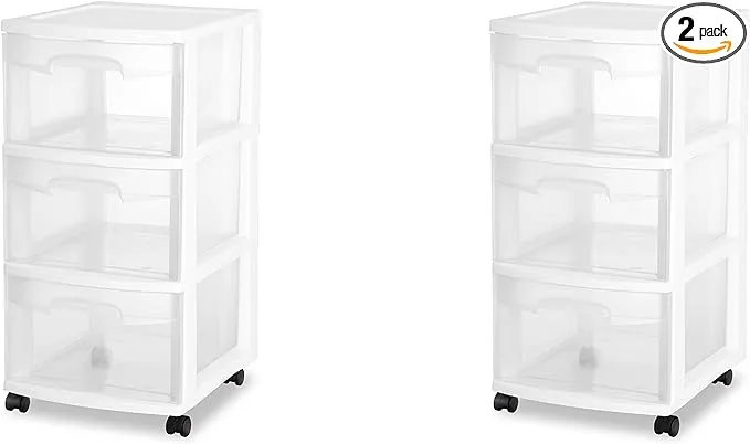 Sterilite 28308002 3 Drawer Cart, White Frame with Clear Drawers and Black Casters, 2-Pack