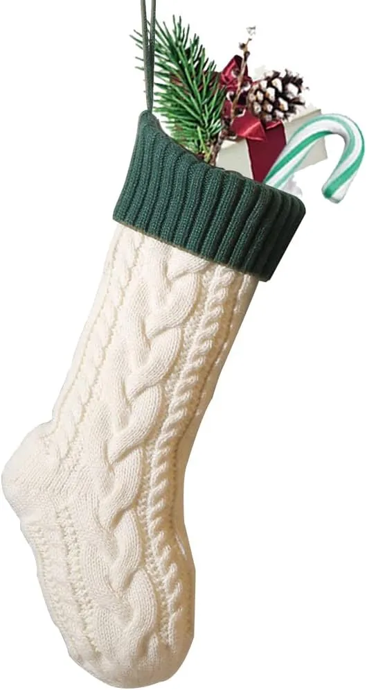 NEW 18&#034; Unique Burgundy Ivory White Knit Green Christmas Stocking Xmas Gift