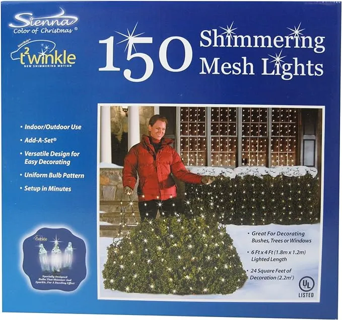 Twinkle Net Lights, 4x6 Shimmering Mesh 150 Christmas Lights For Bushes~Windows<wbr/>+