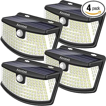 Aootek Nuevas luces solares de 120 LED con reflector de luces, gran angular de 270°, impermeable IP65, luces de seguridad fáciles de instalar para puerta delantera, patio, garaje, terraza (paquete de 4)