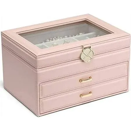 Vlando Jewelry Box for Girls Women, Glass Lid Jewelry Organizer with 2 Drawers ...