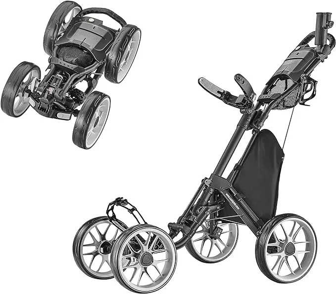 CaddyTek 4 Wheel Golf Push Cart - Caddycruiser One Version 8 1-Click Folding Trolley - Lightweight, Compact Pull Caddy Cart, Easy to Open