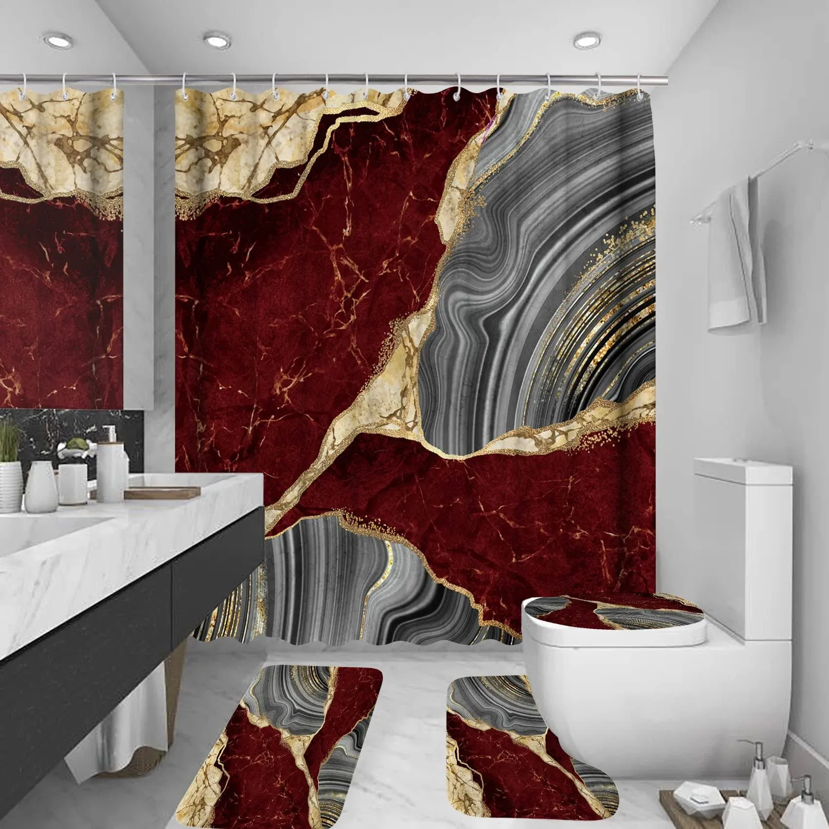 4Pcs Marble Shower Curtain Sets, Bathroom Decor Sets, Luxury Shower Curtain with 12 Hooks, Bath Mat, Toilet Lid Rug and Non-Slip U Shape Mat Accessories Marble Print, 72 x 72 Inch, Red