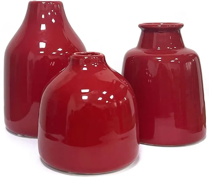 Red Small Vase Set of 3 for Modern Home Decor,Ceramic Vases for Centerpieces Flower Vases for Living Room Wedding/Dinner Table/Party -Red