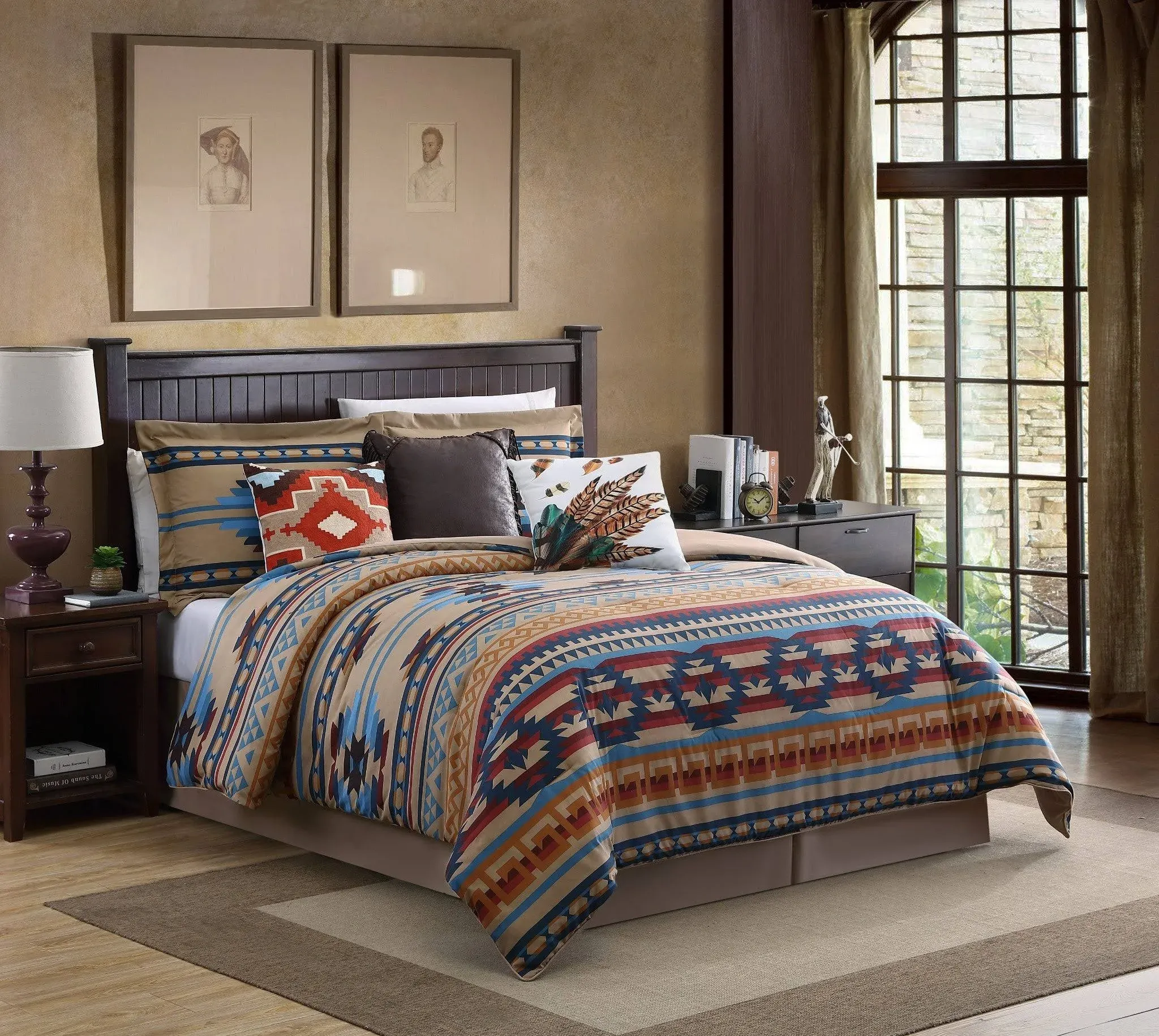 Chezmoi Collection Wyoming 7-Piece Southwestern Geometric Tribal Comforter Set - Printed Multicolor Beige Brown Blue Red Bedding Set, King