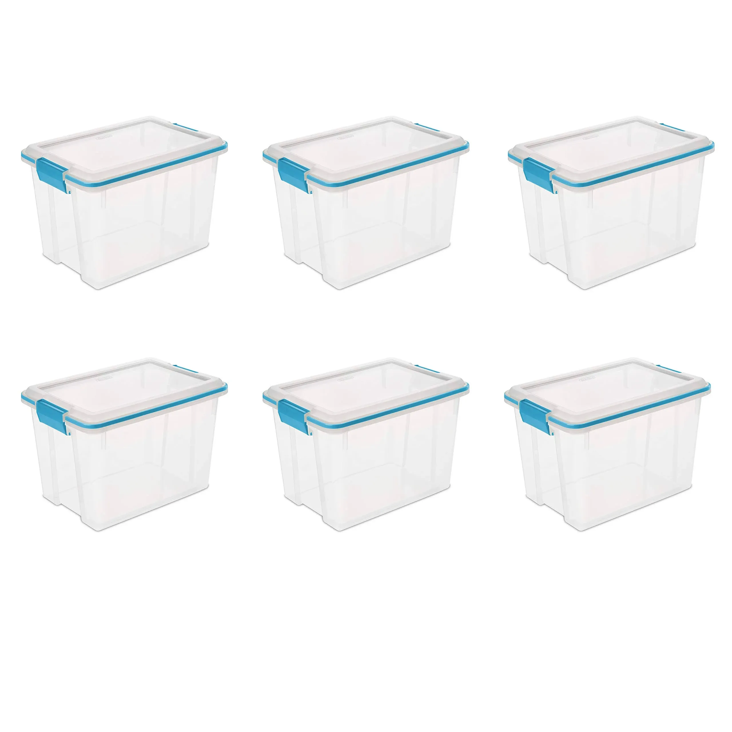 Sterilite 20 Qt Gasket Box, Stackable Storage Bin with Latching Lid and Tight Seal, Plastic Container to Organize Basement, Clear Base and Lid, 6-Pack