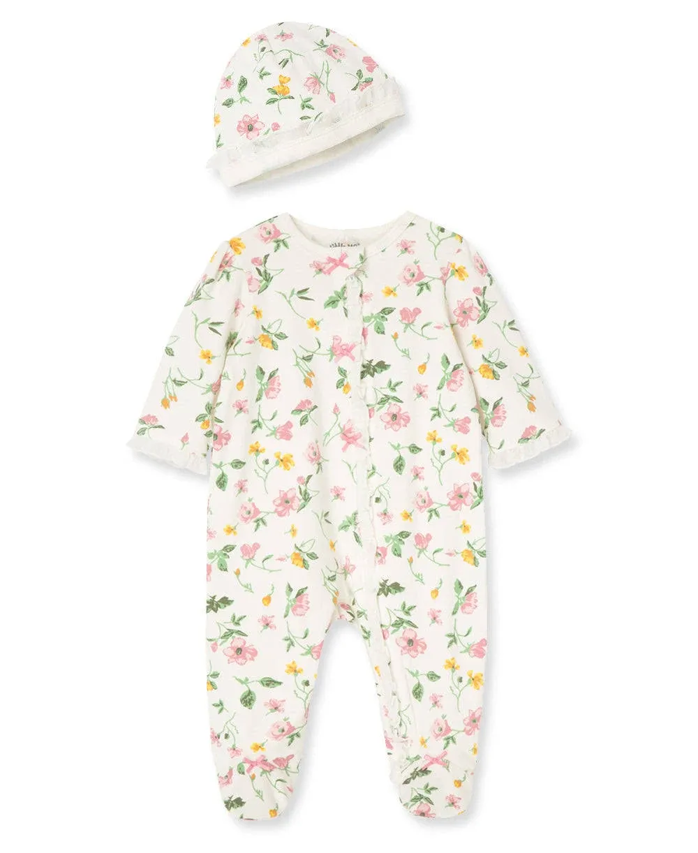 Little Me Baby Girls Floral Leaf Footie and Hat Set