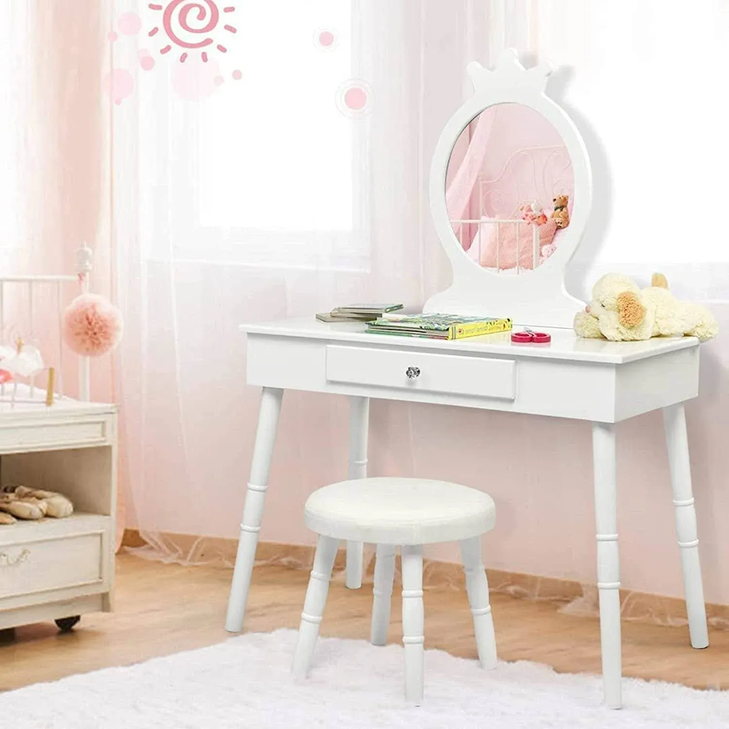 Honey Joy Kids Vanity Crown Shape Princess Makeup Dressing Table Chair Set