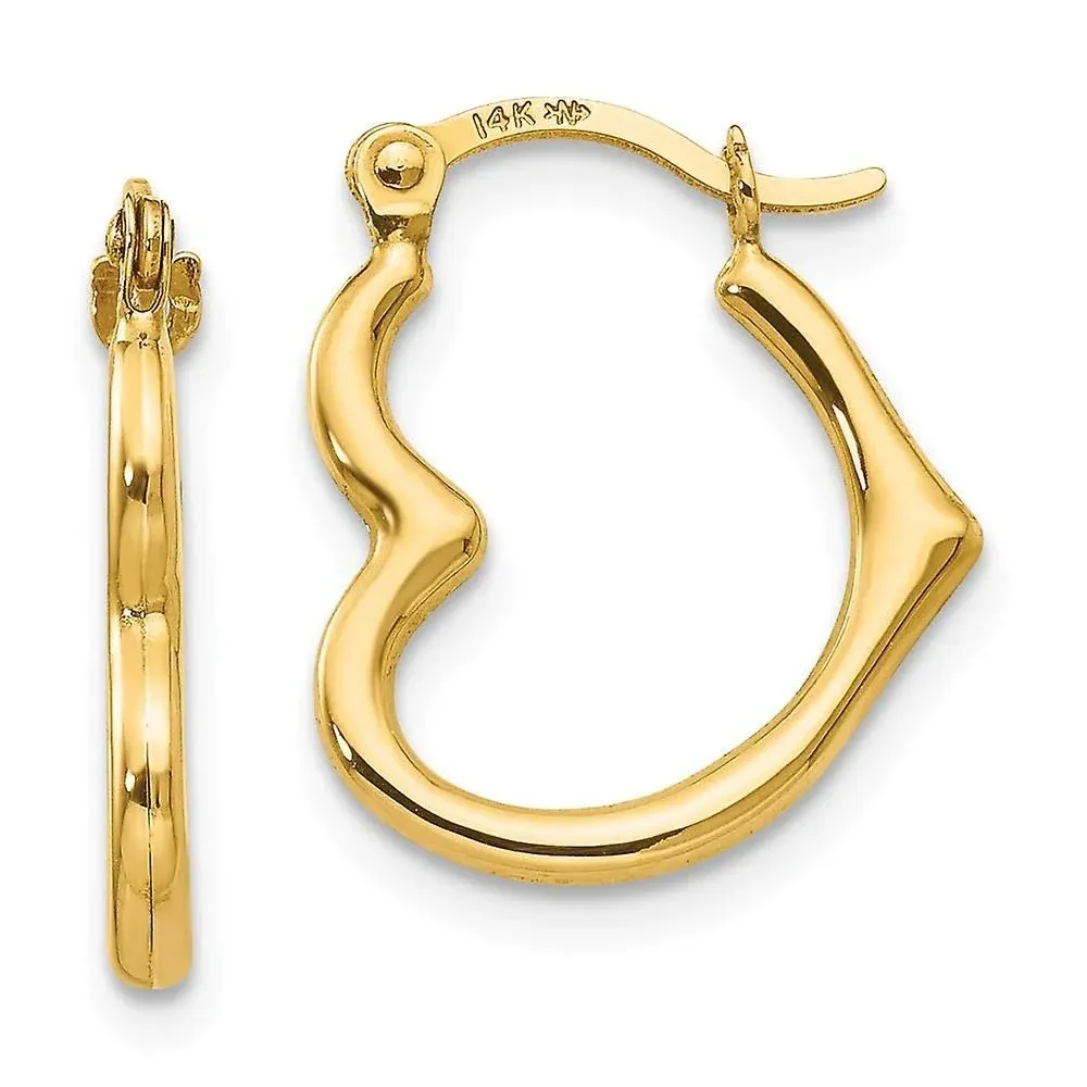 14K Gold Heart Shaped Hoop Earrings (2mm thick), 16-20mm.