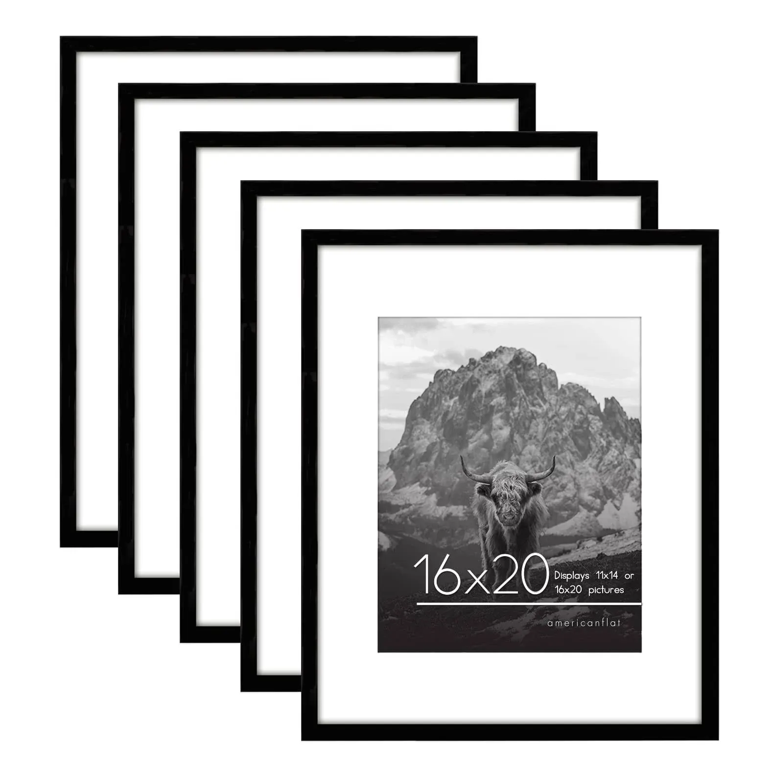 16X20 Picture Frame in Black - Set of 5 - Use as 11X14 Picture Frame with Mat or