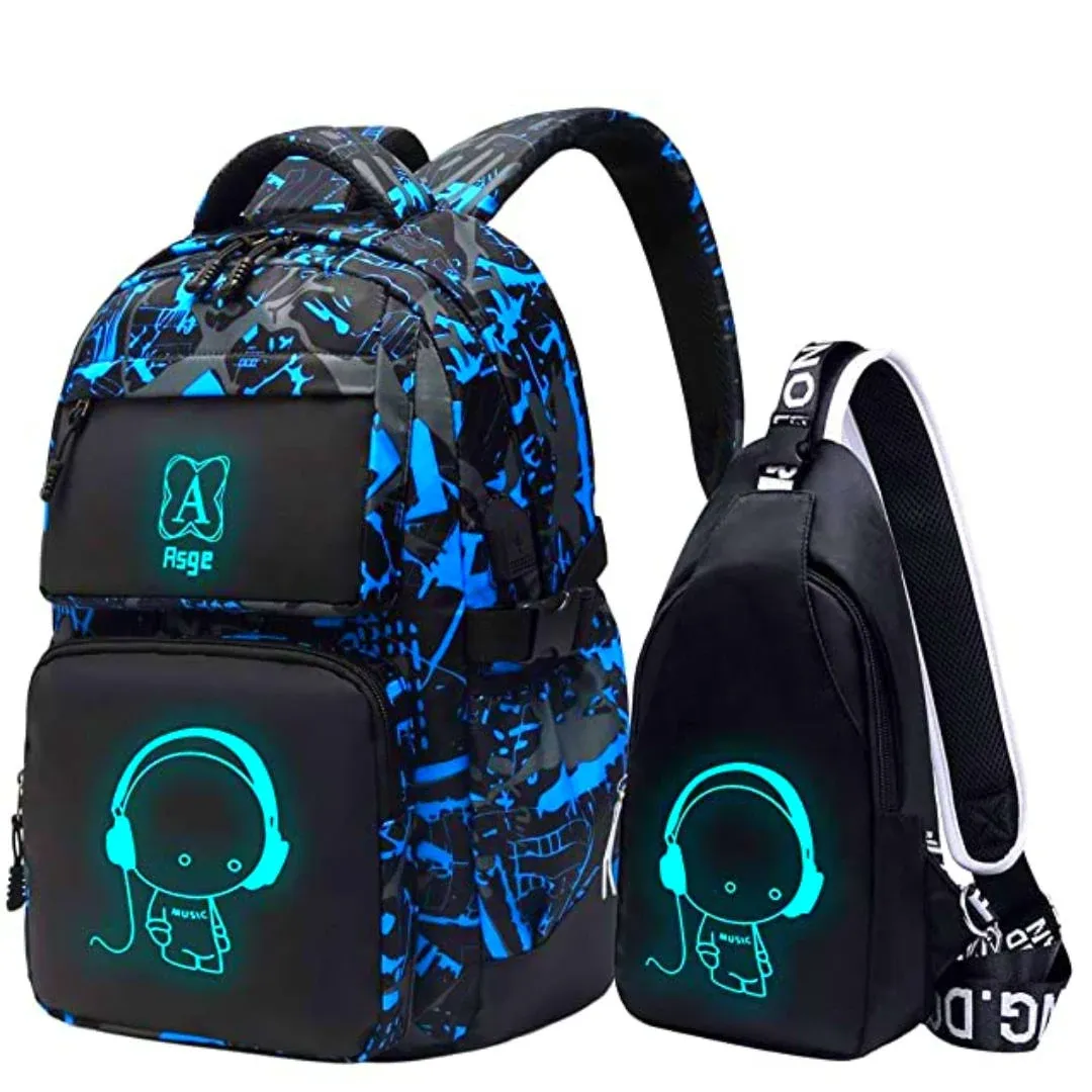 Asge Backpacks for Boys School Bags for Kids Luminous Bookbag and Sling Bag Set