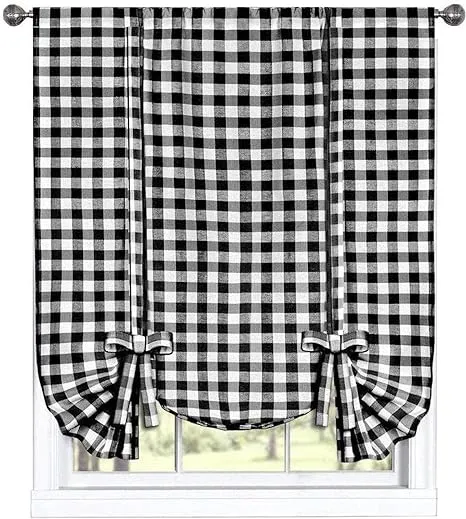 GoodGram Buffalo Check Plaid Gingham Custom Fit Farmhouse Window Curtain Tie Up Shades - Assorted Colors (Black)