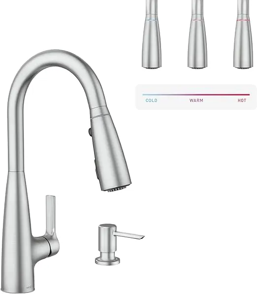 Moen Haelyn Spot Resist Stainless Single-Handle Pull-Down Sprayer Kitchen Faucet with an LED Light ColorCue Temperature Indicator and Soap Dispenser, 87627EISRS