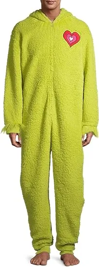 The Grinch Men's Fuzzy Plush Warm Holiday Hooded Union Suit Pajamas