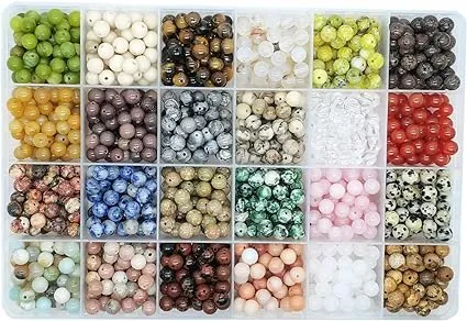 1200pcs 6mm Natural Round Stone Beads Real Gemstone Beading Loose Gemstone Hole Size 1mm DIY Smooth Beads for Bracelet Necklace Earrings Jewelry Making,Box Packed(24 Material -A,6mm)