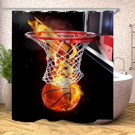 Flaming Basketball Sport Shower Curtains Fabric Modern Orange Black Polyester Cl