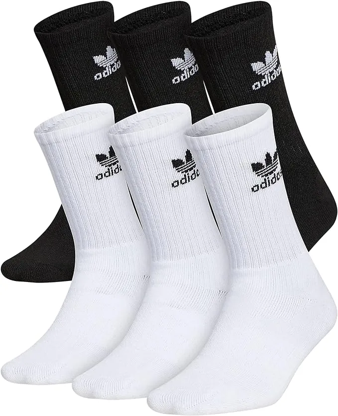 Adidas Kids' Black & White Trefoil Crew Socks - 6 Pack (Size Medium)