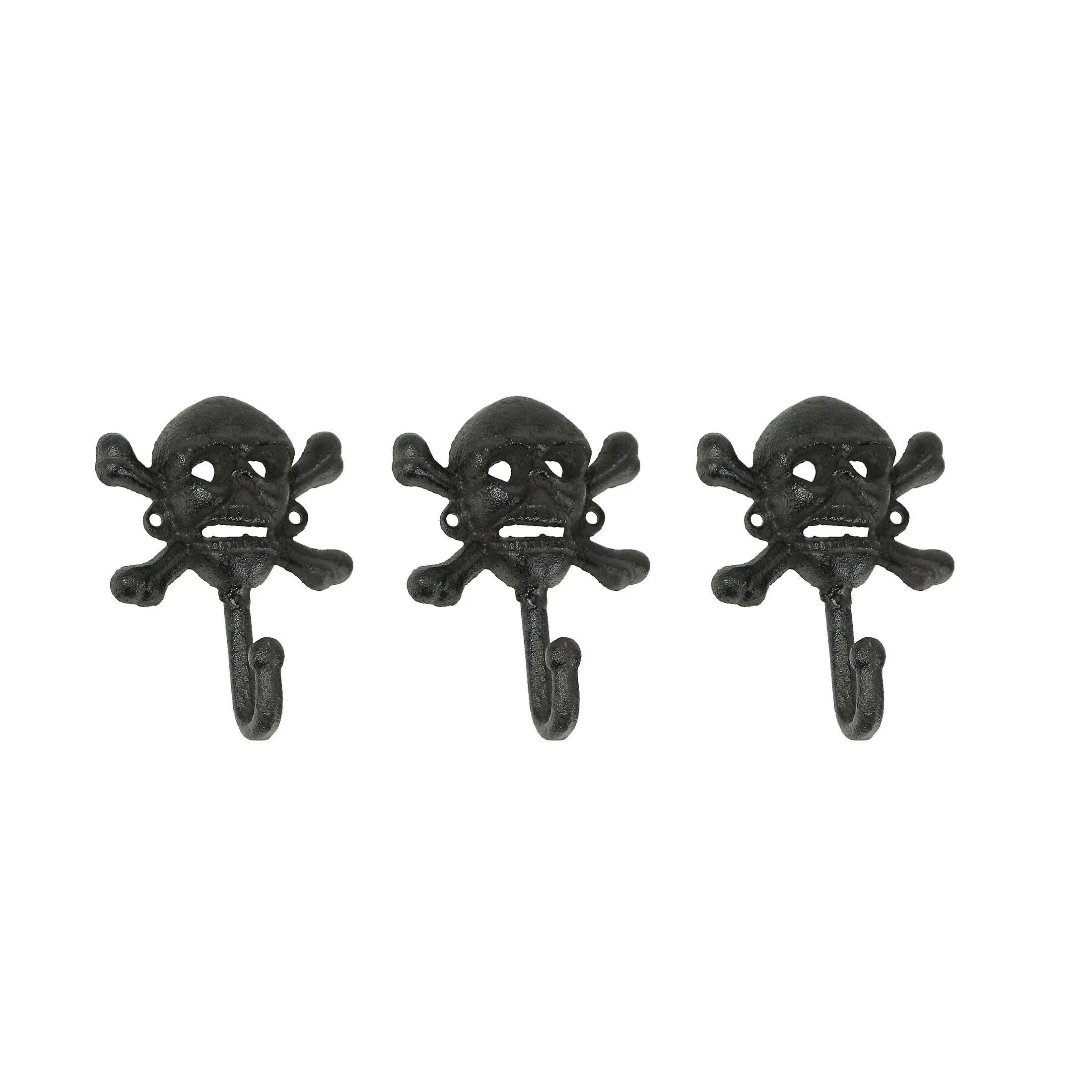 Set of 3 Cast Iron Skull And Bones Decorative Wall Hooks Pirate Towel Coat Rack