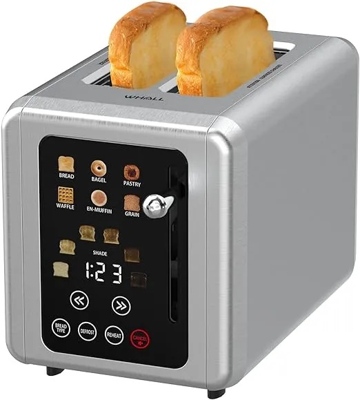 WHALL Touch Screen Toaster 2 Slice, Stainless Steel Digital Timer Toaster with Sound Function, Smart Extra Wide Slots Toaster with Bagel, Cancel, Defrost (silver)