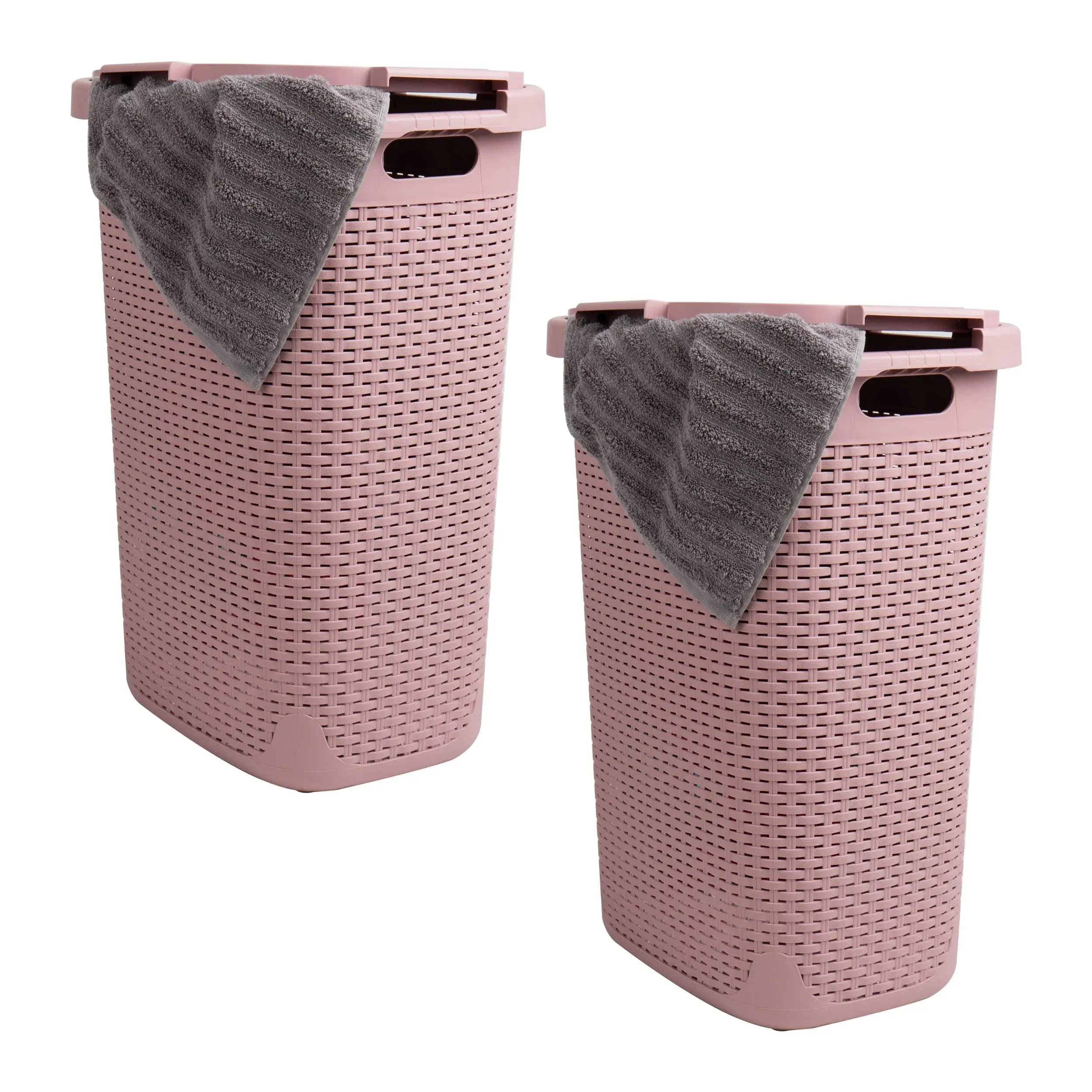 Mind Reader 60L Slim Laundry Hamper, Clothes Basket, Lid, Wicker Style, Plastic, 17.65"L x 13.75"W x 24.15"H, Set of 2, Pink