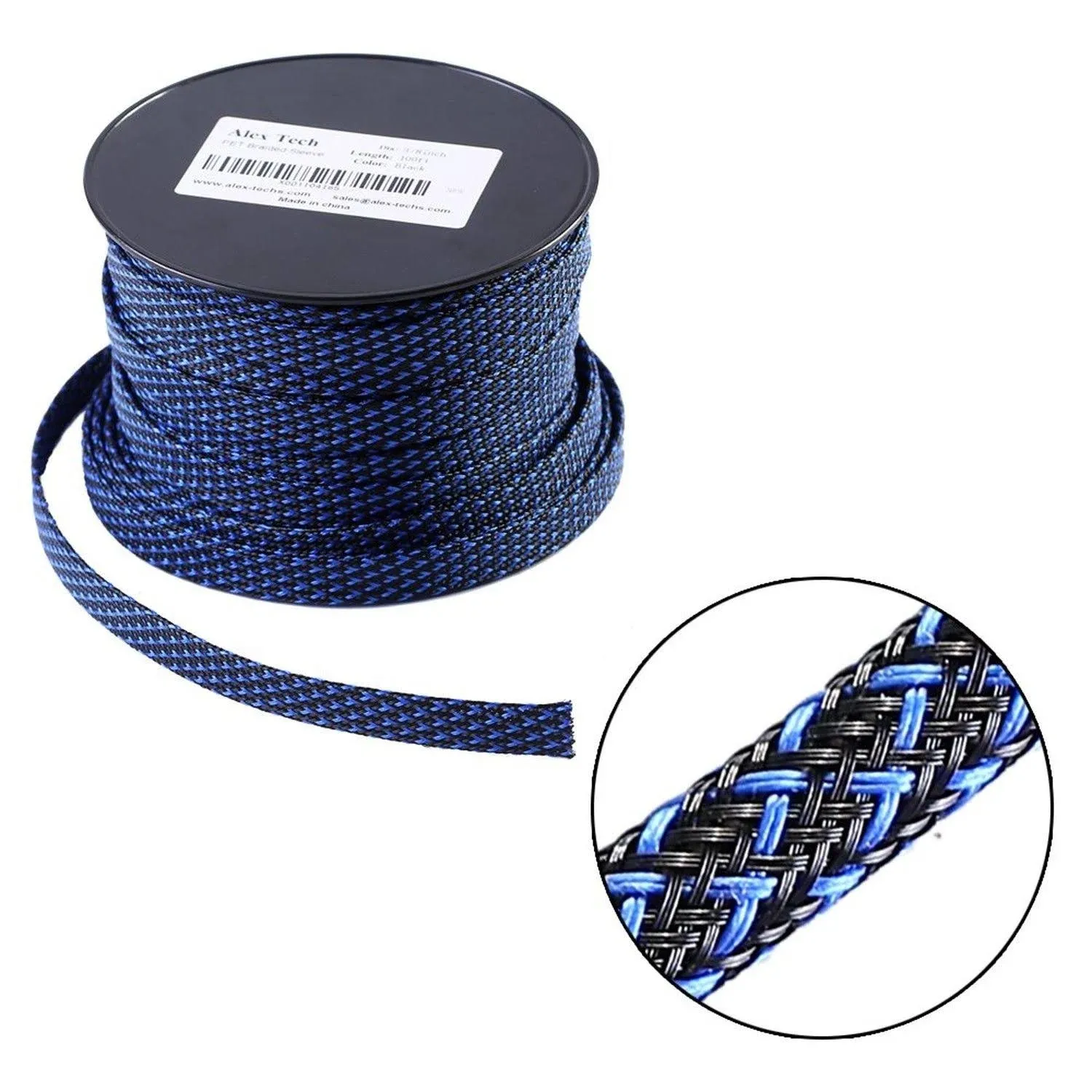 100ft - 1 inch Pet Expandable Braided Sleeving - BlackBlue - Alex Tech Braided Cable Sleeve