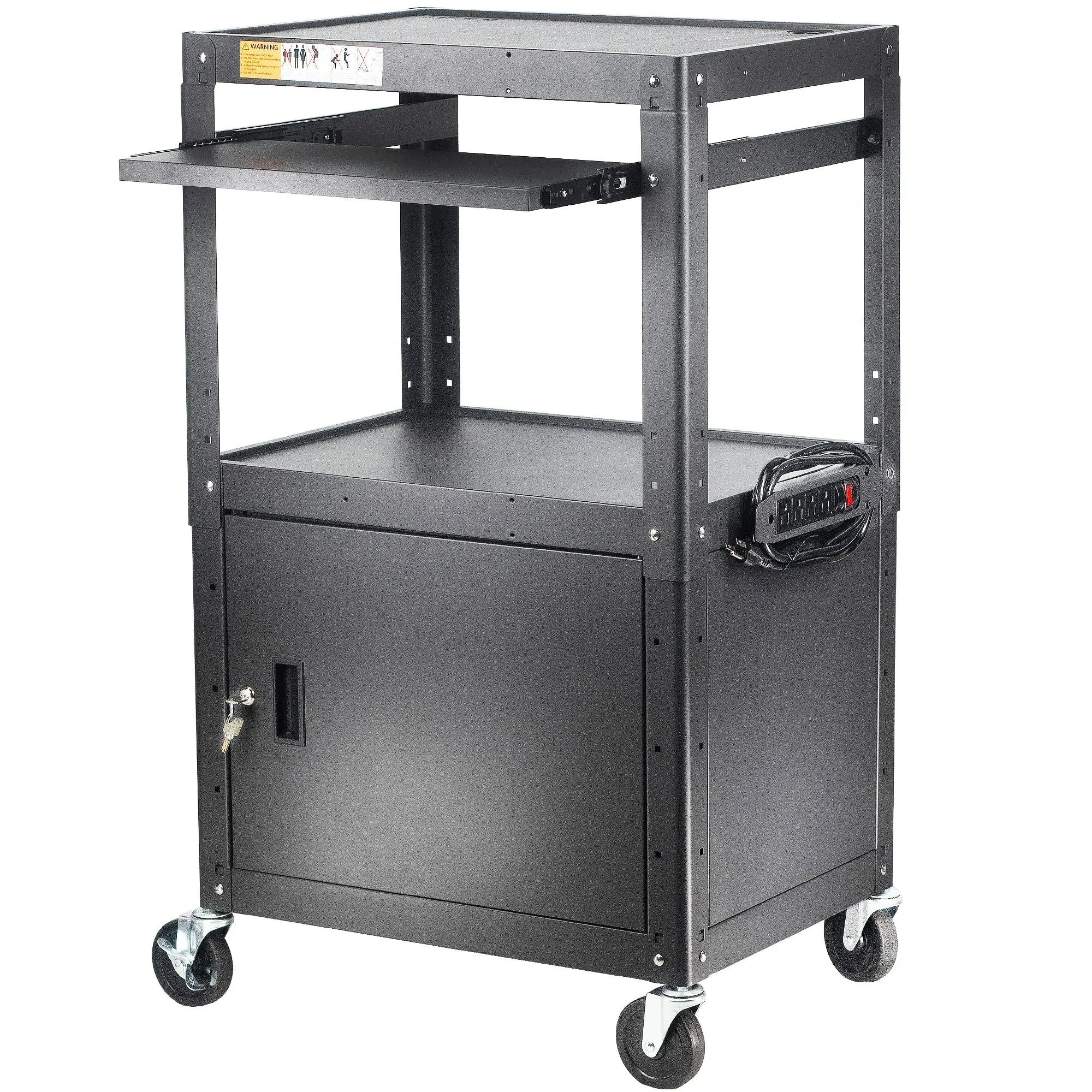 Steel Large AV Cart with Extra Storage - Adjustable Height Cart with Locking Cabinet, Pullout Tray, Power Strip, and Cord Management - Holds 300 lbs and Easy to Assemble (24'' x 18'' x 41.5'')