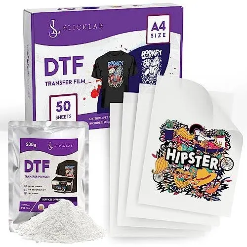 SlickLab A4 DTF Transfer Film and DTF Powder Bundle - 50 Sheets and 500g DTF ...