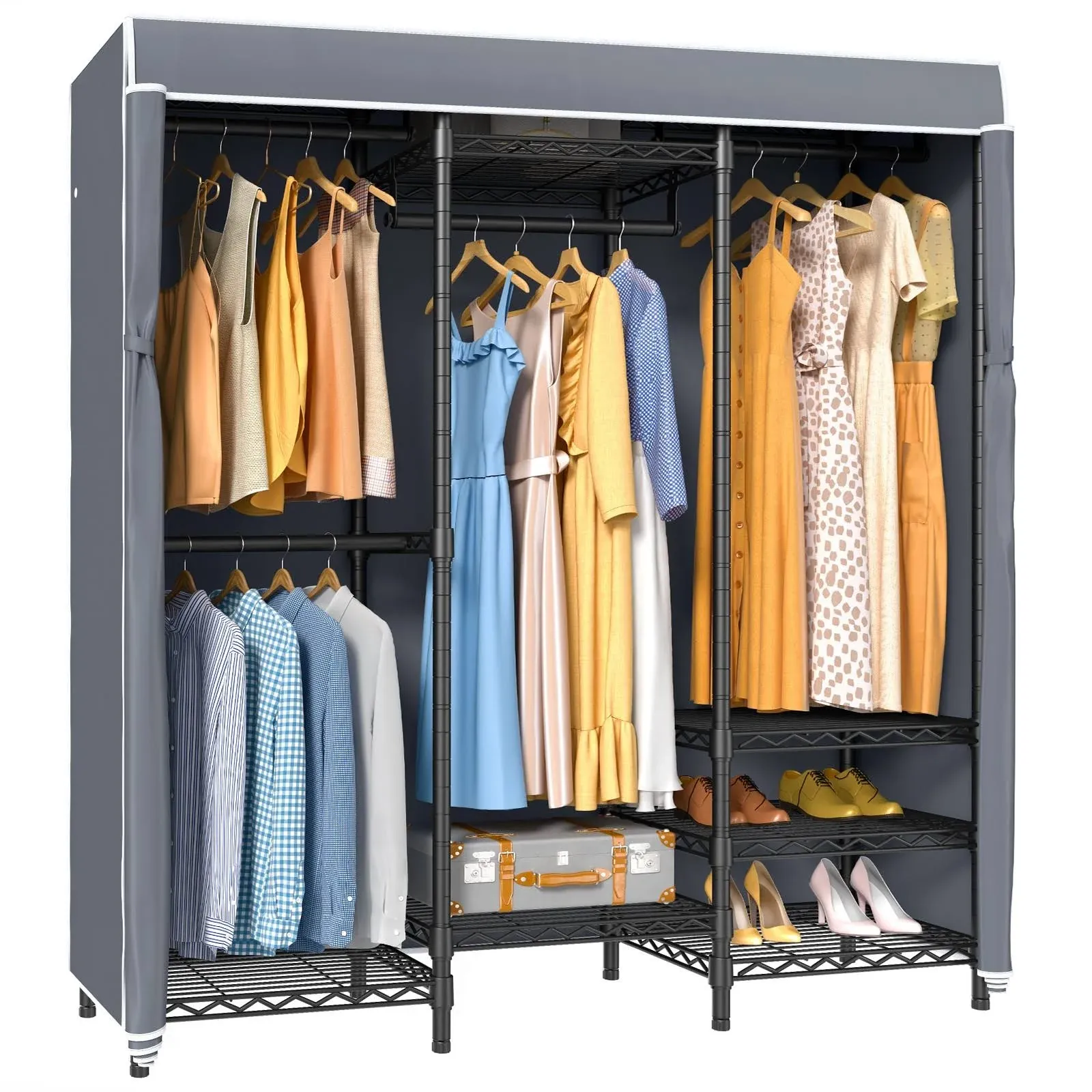 VIPEK V5C Medium Covered Clothes Rack Heavy Duty Portable Closet wardrobe, Black Clothing Rack with Grey Oxford Fabric Cover