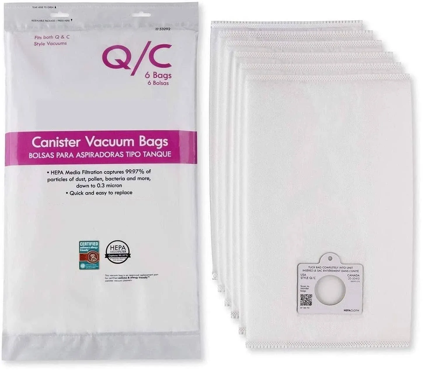 6 Style Q/C 53292 Hepa Filtration Bags. Compatible with Kenmore Elite Intuiti...