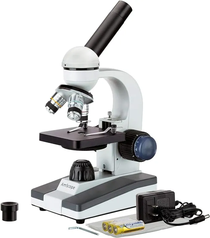 AmScope - Compound Student Microscope, 40X-1000X, Monocular Head, All Glass Optics, LED, All Metal Framework, Cordless Capable Beginner Microscope - M150C