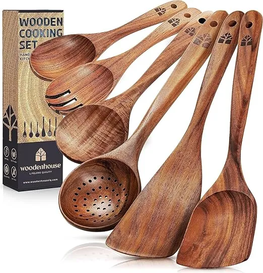 Wooden Spoons for Cooking – Wooden Kitchen Utensils Set, 6 Pcs Teak Wood Uten...