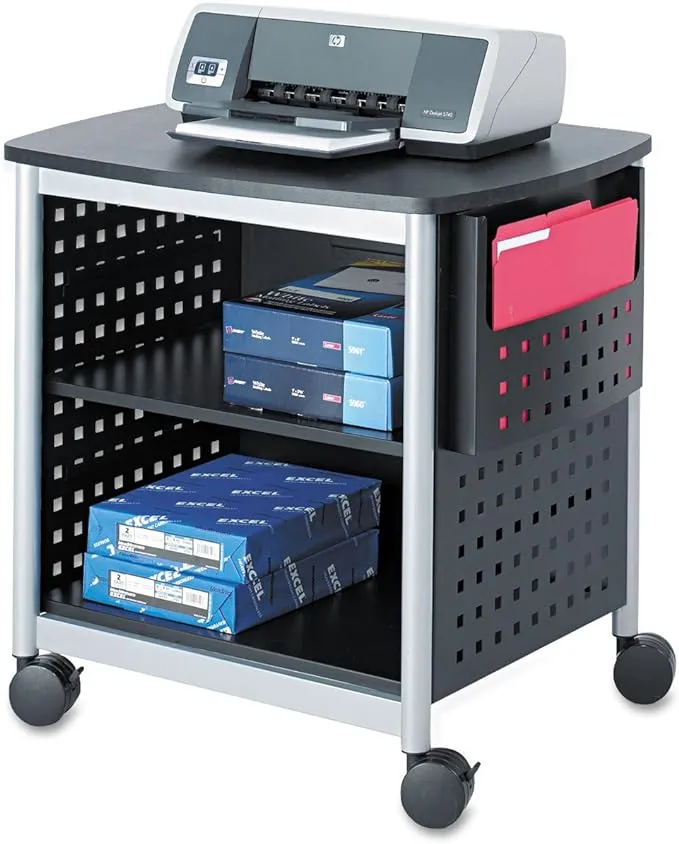 Safco Products Scoot Desk Side Printer Stand 1856BL, Black, 200 lbs. Capacity, Swivel Wheels, Silver Powder Coat Finish, Contemporary Design