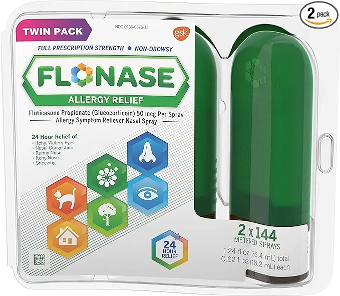 Flonase Allergy Relief Nasal Spray, 24 Hour Non Drowsy Allergy Medicine, Metered Nasal Spray - 144 Sprays (Pack of 2) - Fall and Seasonal Allergy Relief