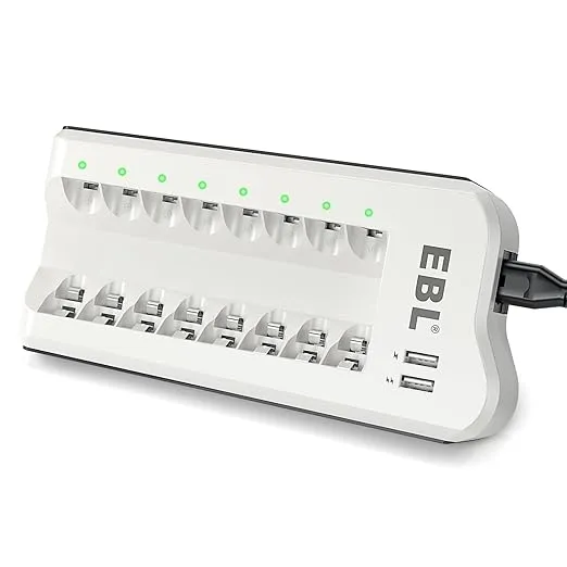 EBL Smart 8 Bay AA AAA Battery Charger for NiMH NiCD Rechargeable Batteries Build-in 2 USB Fast Charging Ports