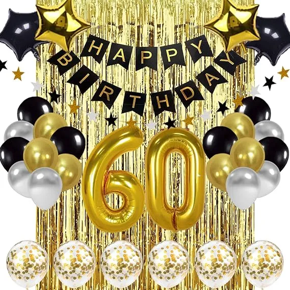 Black and Gold 60th Birthday Decorations Banner Balloon, Happy Birthday Banner, 60th Gold Foil Balloons, Number 60 Birthday Balloons, 60 Years Old Birthday Decoration Supplies