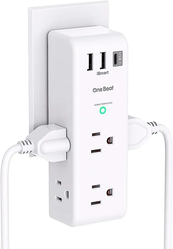 Surge Protector Outlet Extender - with Rotating Plug, 6 AC Multi Plug Outlet with 3 USB Ports (1 USB C), 1800 Joules, 3-Sided Swivel Power Strip with Spaced Outlet Splitter for Home, Office, Travel