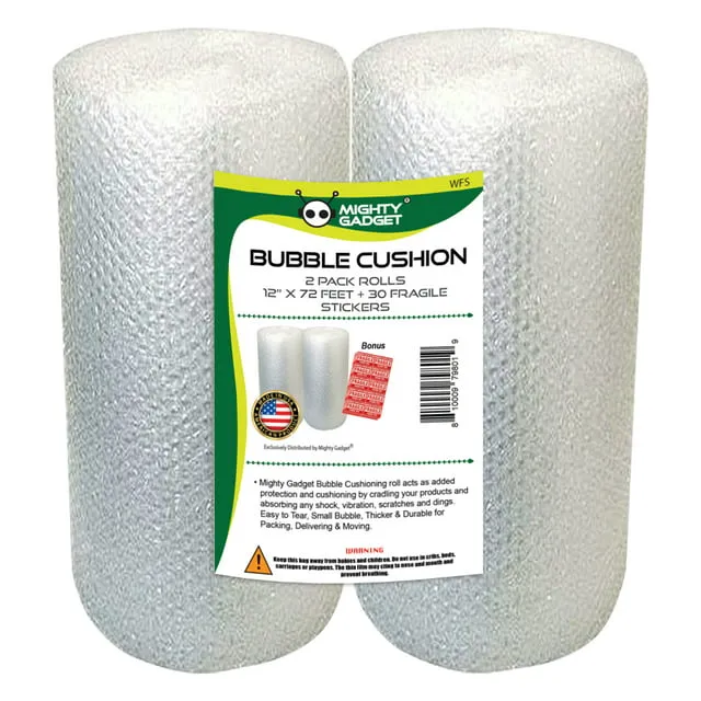 Bubble Cushioning Wrap Rolls by Mighty Gadget - 2-Pack, 12"x72' Total, Clear & Transparent, Perforated 12", Air Cushioning, Free Fragile Stickers, Moving, Shipping, Protective Packaging