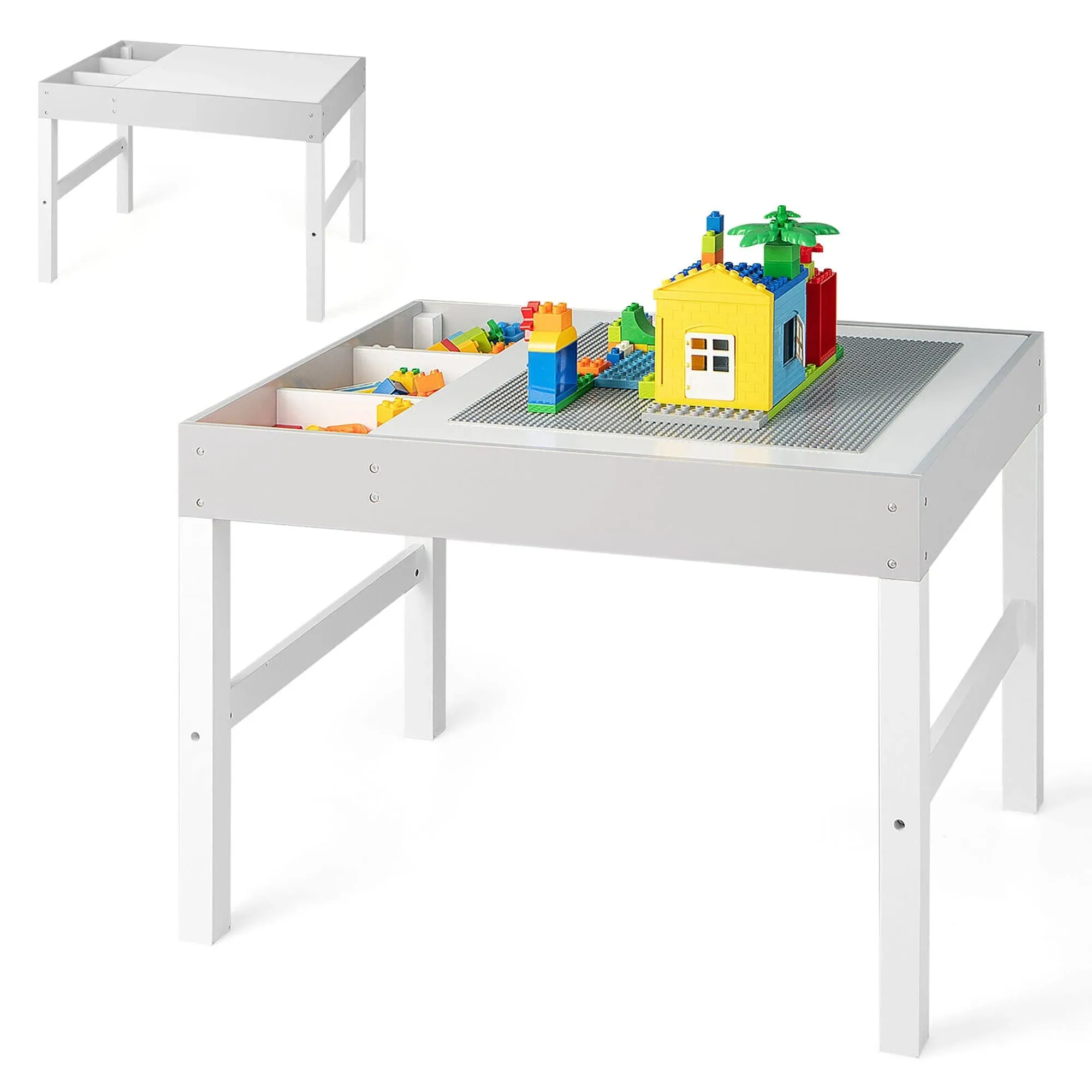 Gymax Kids Multi Activity Play Table 3 in 1 Wooden Building Block Desk - White