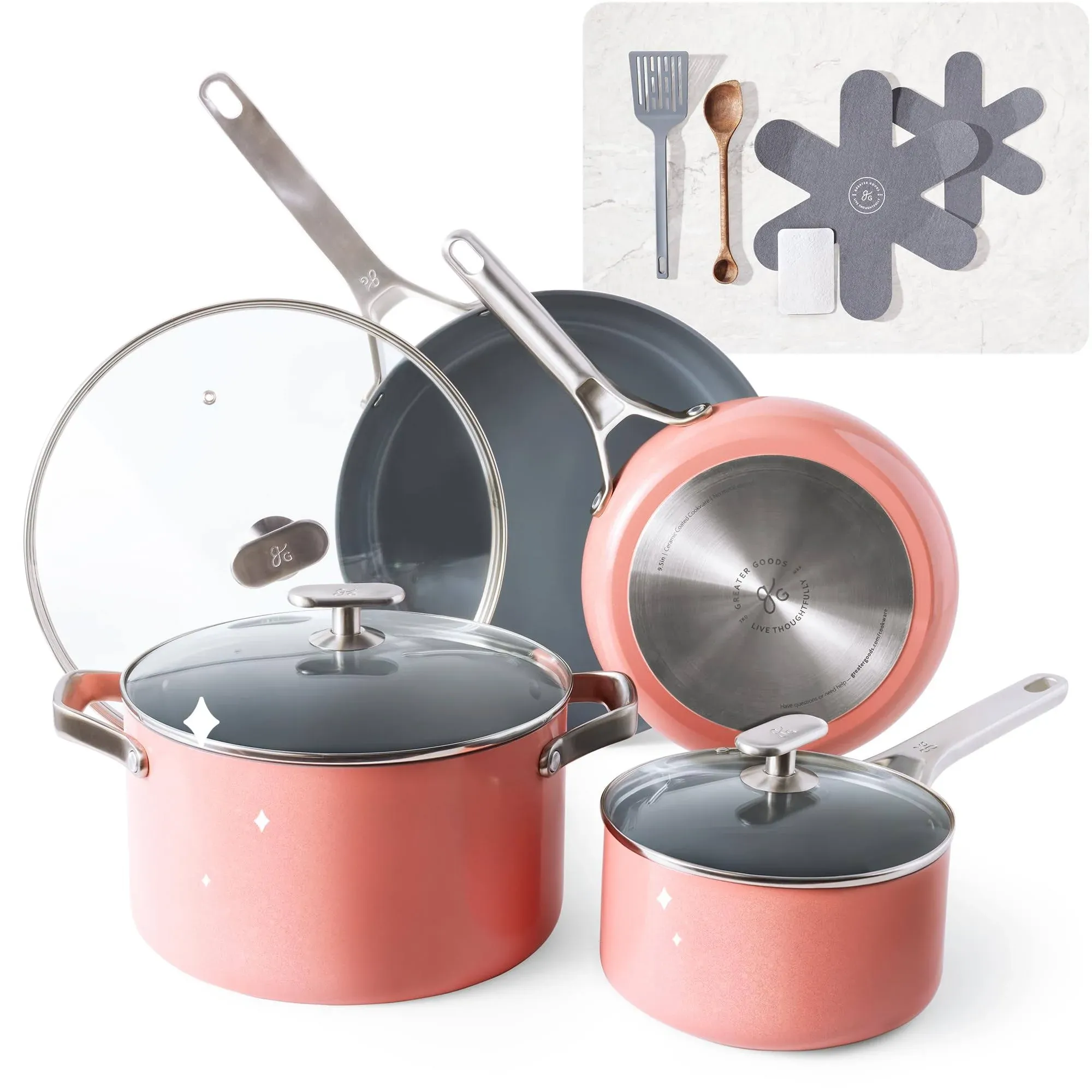 Greater Goods Savvy Ceramic Nonstick Cookware Set, 10 Piece Kit (Pink)