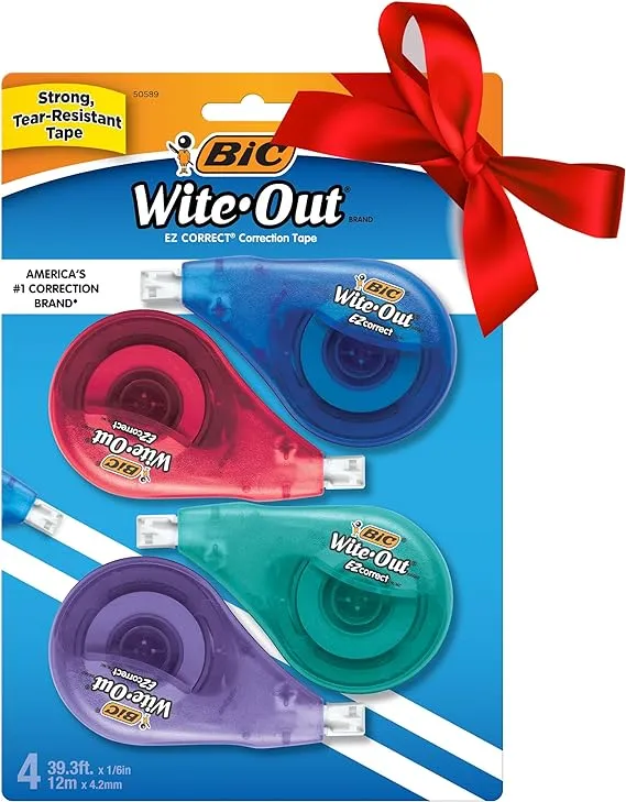 BIC Wite-Out Brand EZ Correct Correction White Tape, Easy To Use, 4-Count