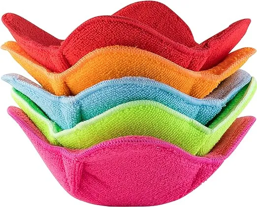 SHILA Bowl Snuggies, Multicolor Set of 5 Microwave-Safe Hot Bowl Holders to Keep Your Hands Cool and Your Food Warm, Polyester & Sponge Heat Resistant Dish Pads for Soup, Rice and Pasta BowlsSHILA Bowl Snuggies, Multicolor Set of 5 Microwav…