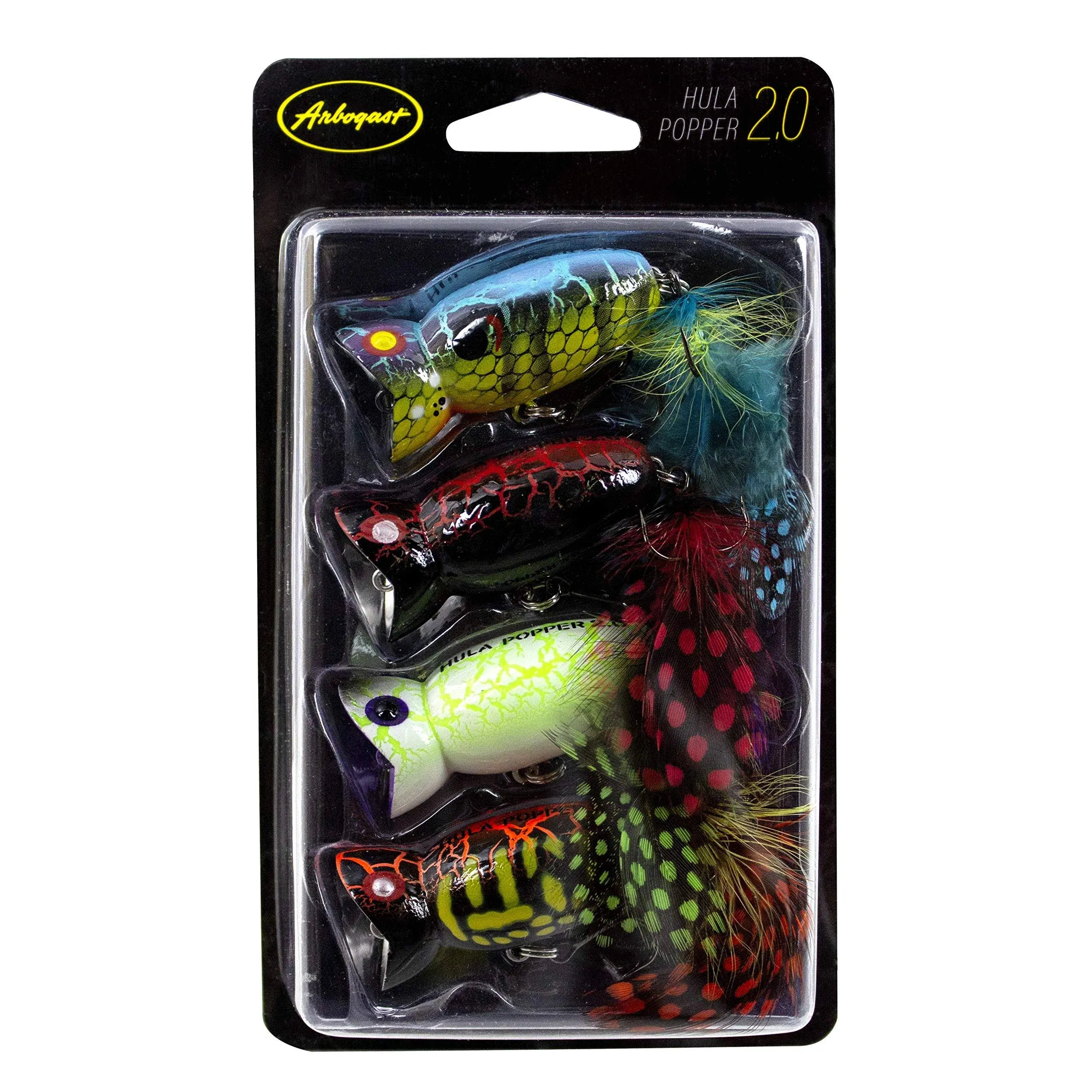 Hula Popper 2.0 Topwater Fishing Lure with Feathered Treble Hook Multi-4, Pack