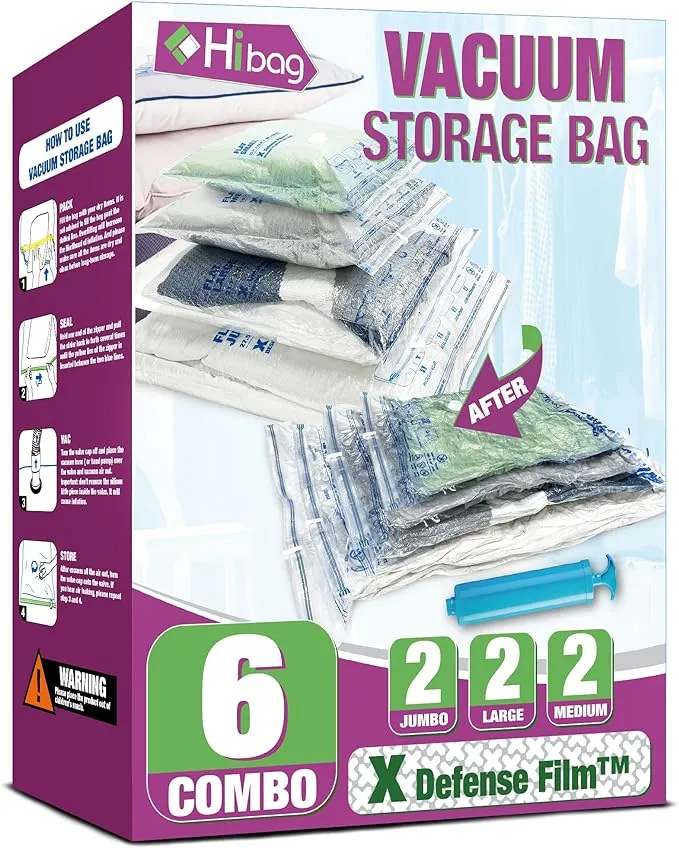 HIBAG Vacuum Storage Bags, Space Saver Vacuum Seal Storage Bags 6-Pack Sealer Bags for Clothes, Clothing, Bedding, Comforter, Blanket (6c), Clear, 6