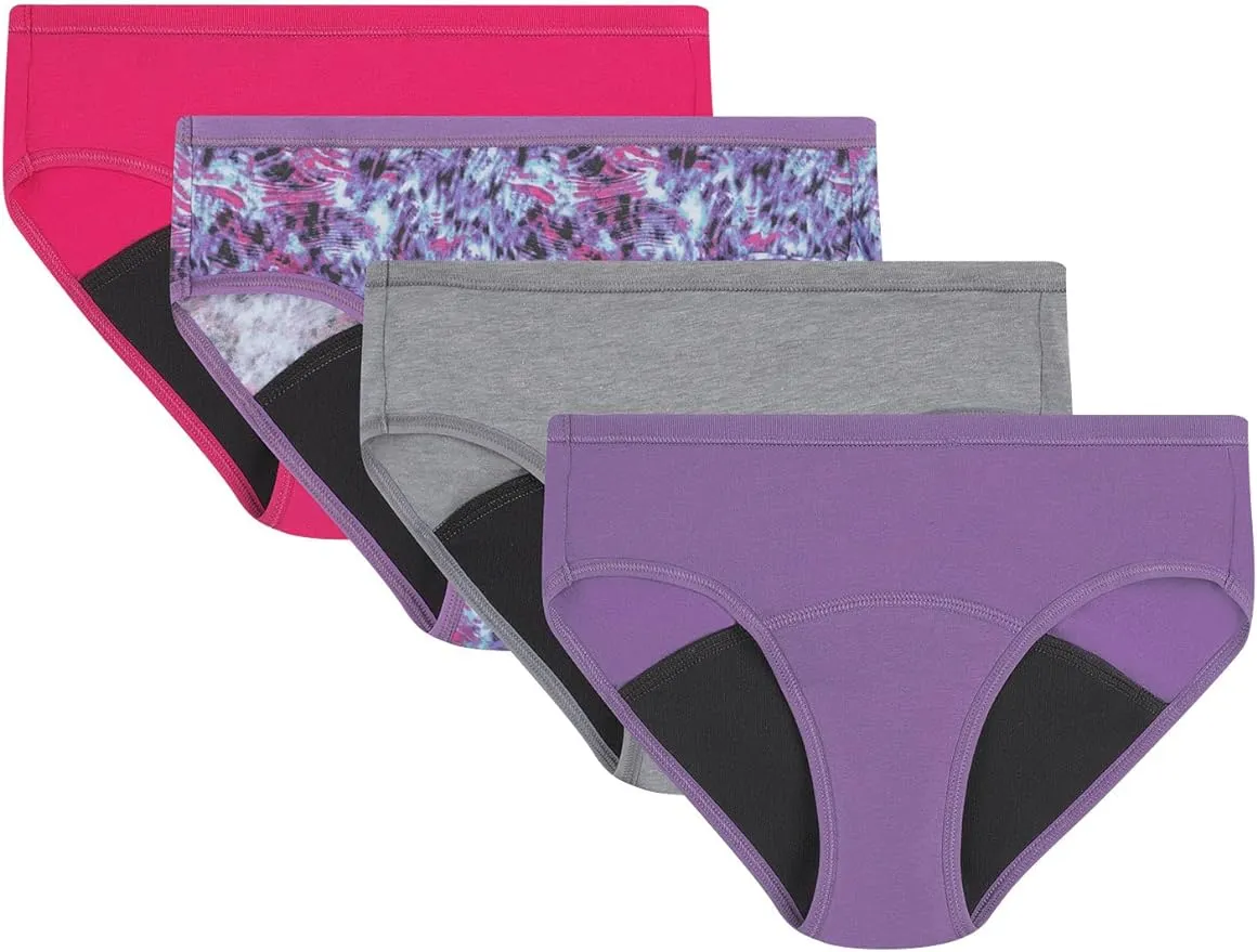 Hanes Comfort, Period. Girls' Hipster Underwear, Moderate Protection, 4-Pack Assorted 10