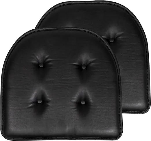 Sweet Home Collection Chair Cushion Memory Foam Pads Tufted Slip Non Skid Rubber Back U-Shaped 17" x 16" Seat Cover, 2 Count (Pack of 1), Faux Leather Black