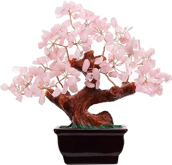 Feng Shui Quartz Crystal Money Tree Bonsai Style Decoration for Luck and Wealth (Pink)