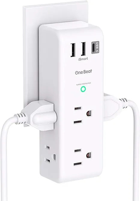 Surge Protector Outlet Extender - with Rotating Plug, 6 AC Multi Plug Outlet with 3 USB Ports (1 USB C), 1800 Joules, 3-Sided Swivel Power Strip with Spaced Outlet Splitter for Home, Office, Travel