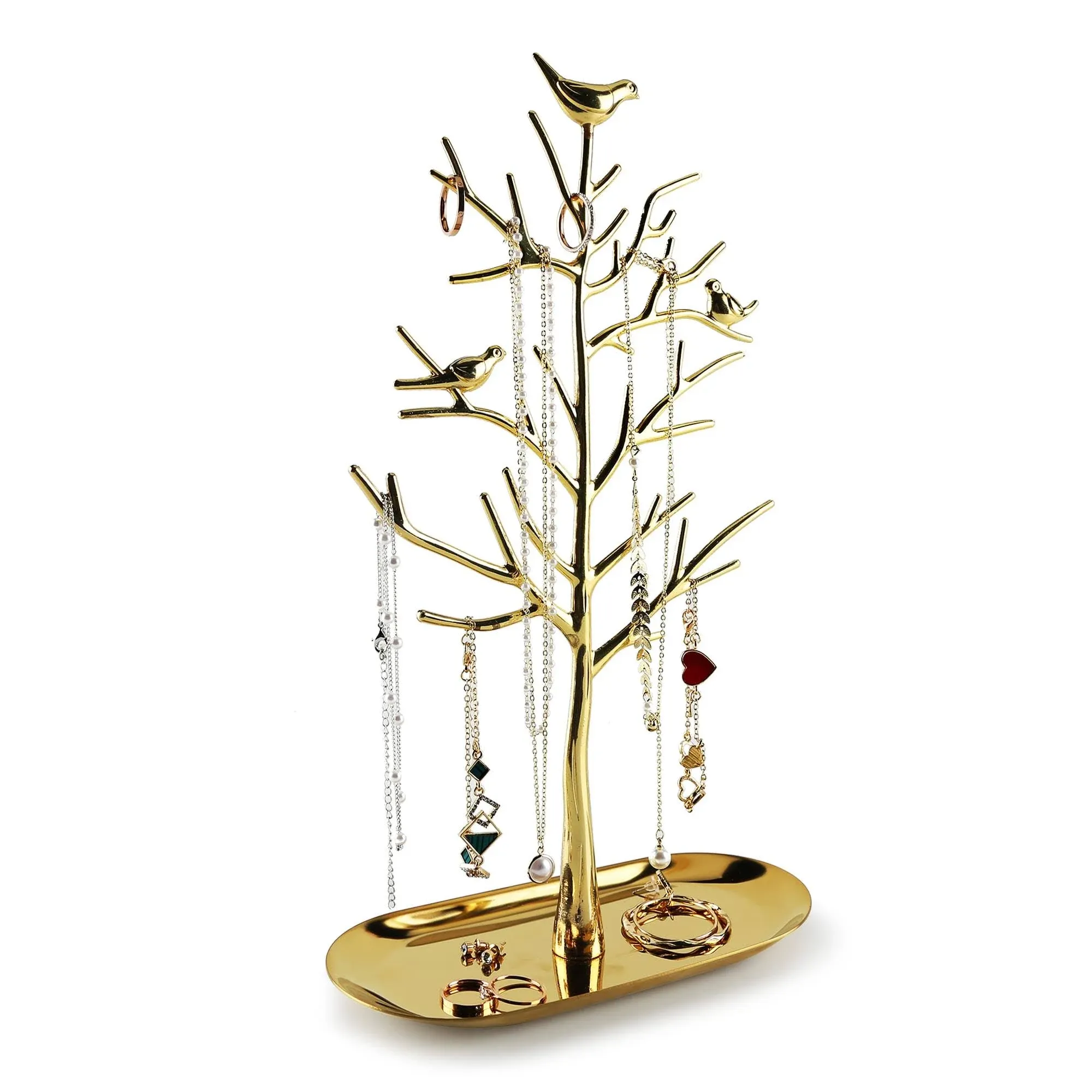 MORE&LESS Branch Jewelry Rack with Metal Tray,Luxury color,Tree Tower Rack Hanging Organizer for Ring Earrings Necklace Bracelet,Suitable for Living R